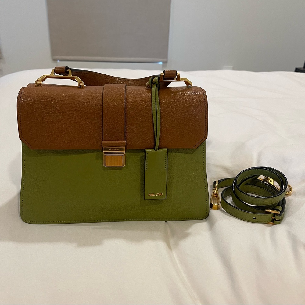 Miu Miu Madras Top Handle Bag in Cuoio & Felce